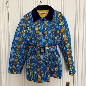 Marni Blue Floral Jacket with Belt and Corduroy Collar